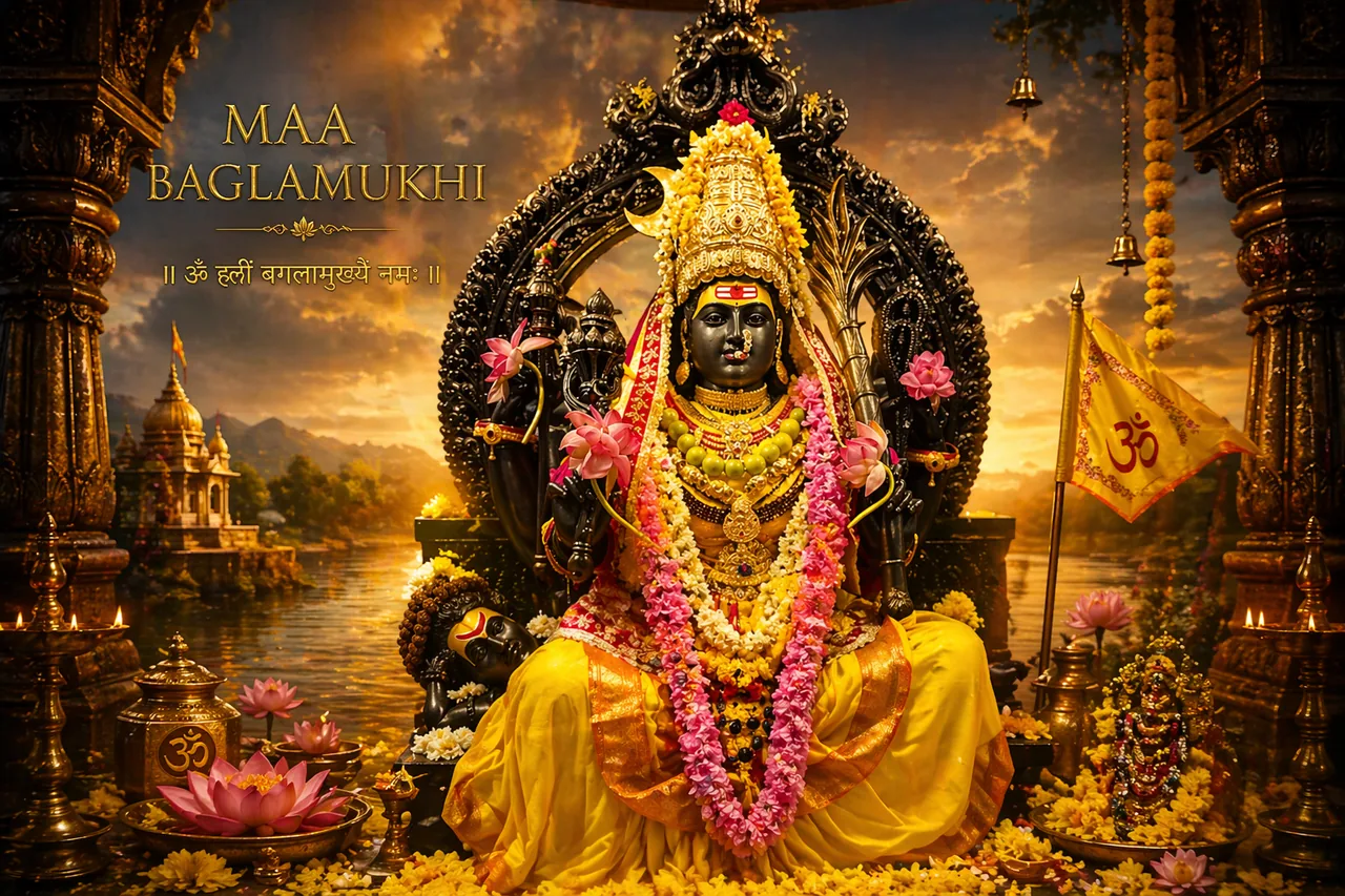 Divine landscape artwork of Maa Baglamukhi in a radiant sacred setting